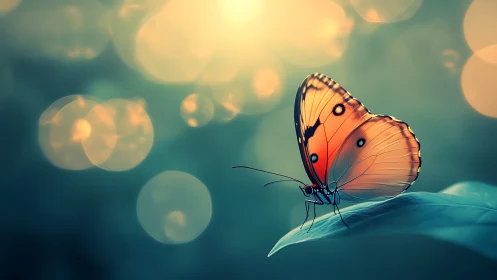 Orange butterfly on leaf with defocused circular light bokeh.