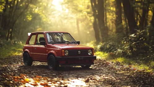 Red compact hatchback on forest trail in soft golden backlight
