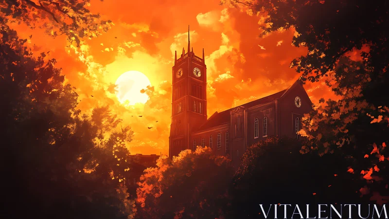 Sunlit clocktower drifting through a blazing autumn sky.