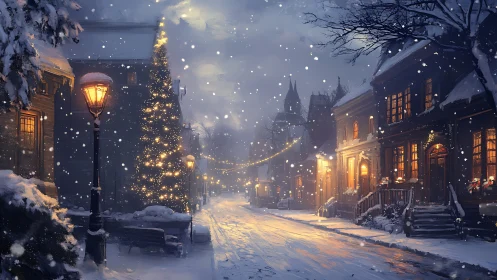 Digital painting of a lantern-lit snow covered winter street.
