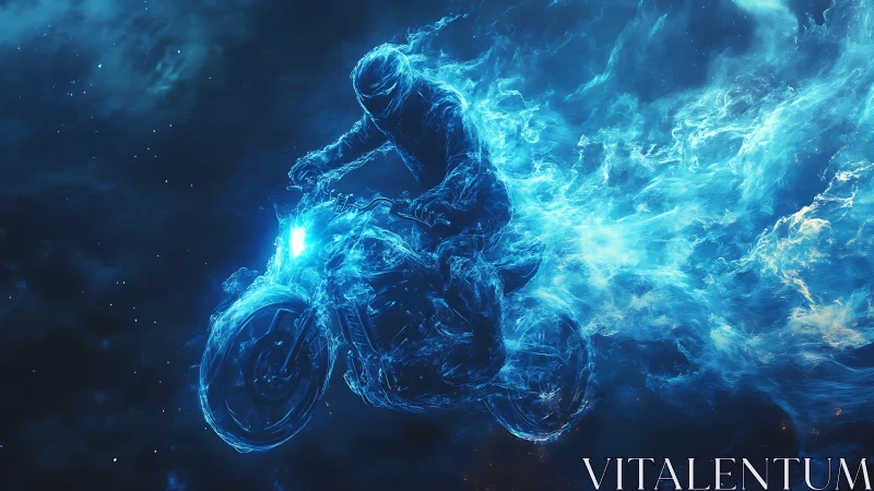 Cosmic blue rider blazing through a swirling night sky.