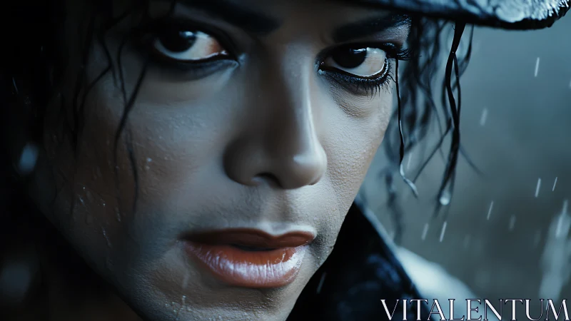 Moody closeup portrait in rain with intense direct gaze.