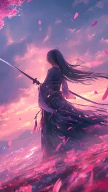 Lone swordbearer faces vivid sunset amid drifting petals