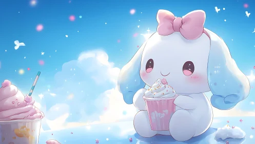 Sweet cloud bunny sharing pastel cupcakes under sunlight.