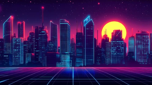 Neon-drenched retrofuturist skyline under radiant magenta sun.