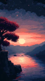 Pixel art landscape depicts sunset over calm reflective water