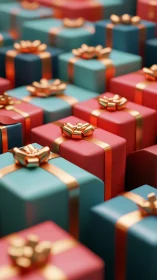 Giftbox skyline in teal and coral with glimmering gold bows.