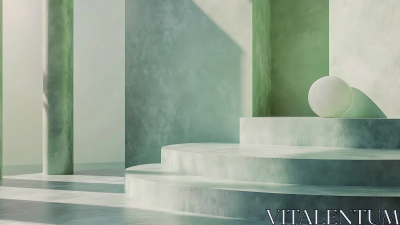 Architectural rendering with geometric steps and verdant striped walls.