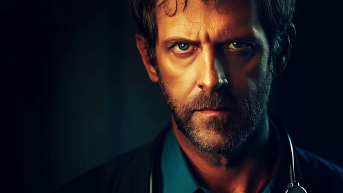 Male medical professional portrait in dramatic lighting.