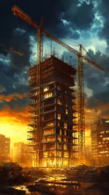 Burning Construction Site at Dusk