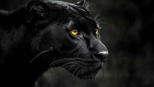 Black Panther Profile with Luminous Amber Eyes Against Dark Ground