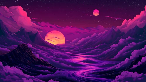 Dreamy twin moons over a glowing violet river valley.