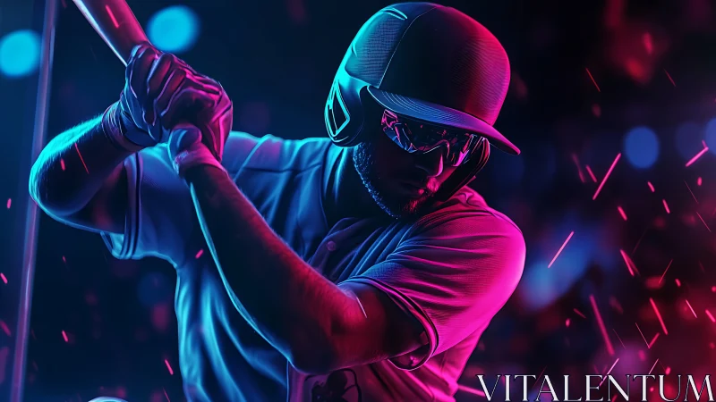 Neon-lit baseball batter readies a powerful swing under lights