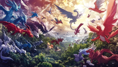 Winged creatures converge above forested valley at sunset