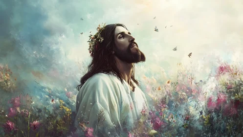 Serene robed figure prays in radiant, dreamlike wildflower field