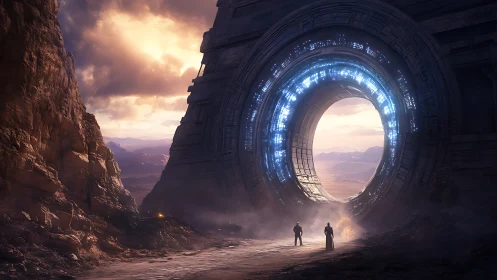 Massive illuminated ring gate frames desert valley under warm sky