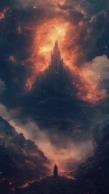 Lonely wanderer beneath the ember-crowned obsidian citadel.