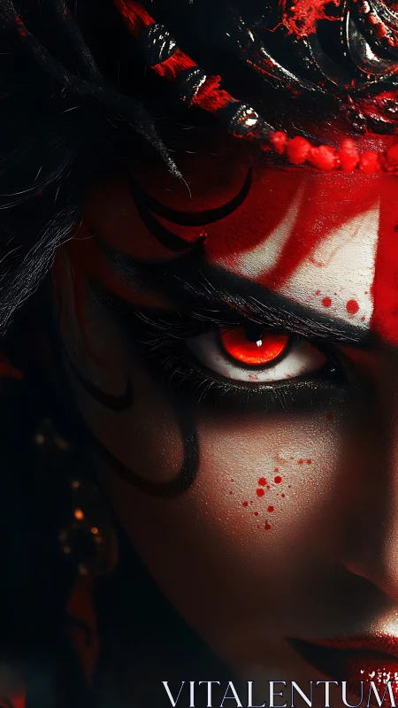 Bloodfire gaze of the painted demon queen in shadowed silence.