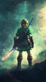 Fantasy warrior figure with sword facing luminous sky.