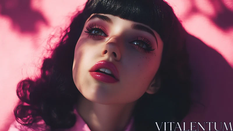 Portrait of woman under dappled light on pink surface.