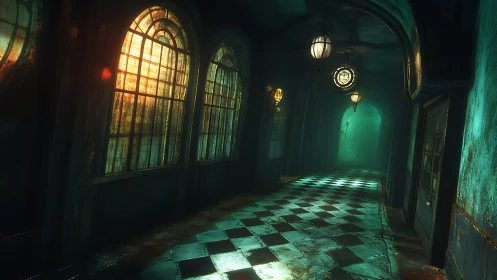 Abandoned Art Deco Corridor with Emerald Atmosphere.