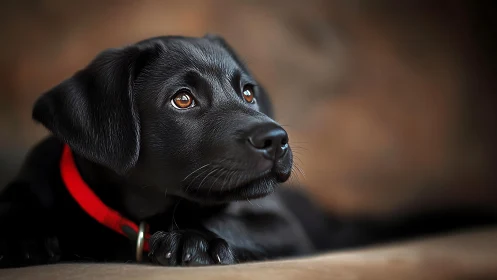 Black labrador puppy rests calmly in soft warm light.