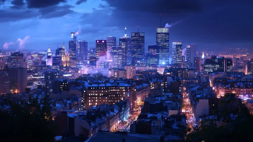 Neon city skyline glows under stormy twilight clouds.