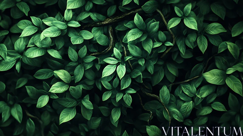 Dense overlapping green leaves with interwoven woody stems.