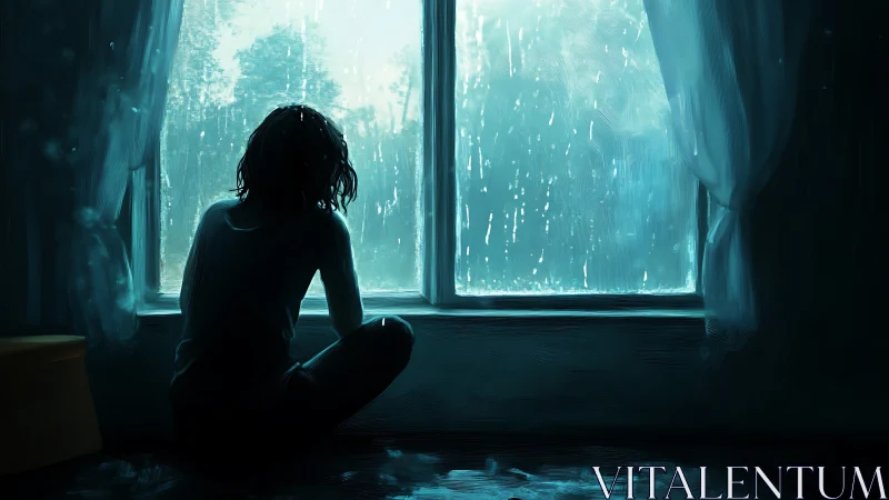 Digital painting of solitary figure at rain-soaked window frame.