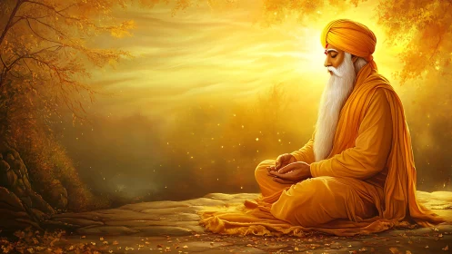 Elderly robed figure meditates outdoors in golden sunset light