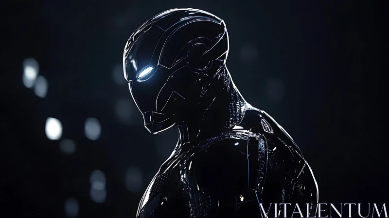 Sleek robotic warrior stands in moody cinematic lighting.