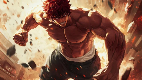 Raging street titan charging through a wildfire sunrise.