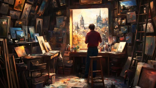 Painter in atmospheric studio interior with luminous city vista.
