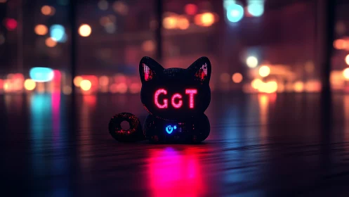 Glowing Fortune Cat Broadcasts Neon Dreams Into Urban Night