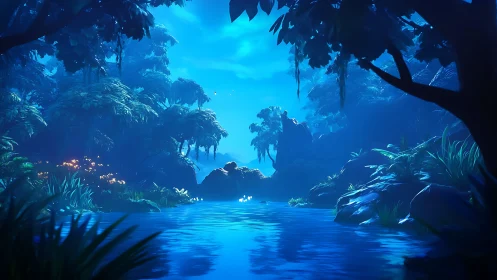 Bioluminescent Cavern with Ethereal Underground Lagoon.