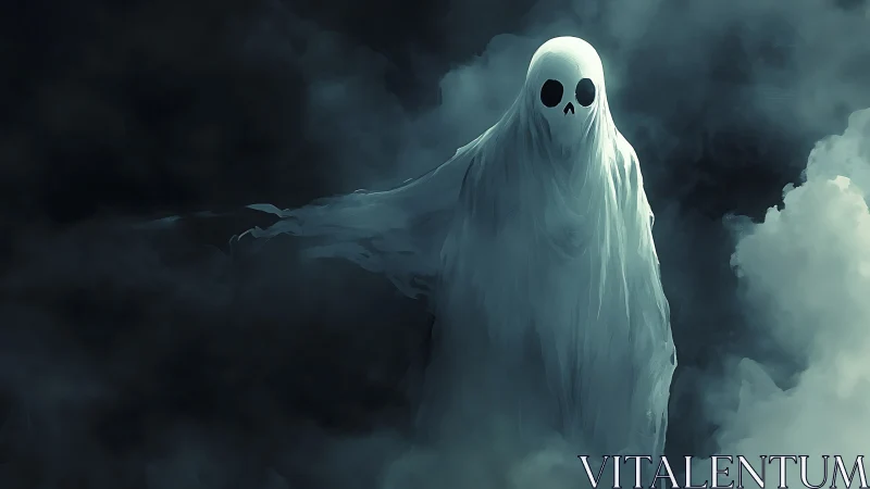 Ethereal shrouded ghost figure in dense cinematic fog field.