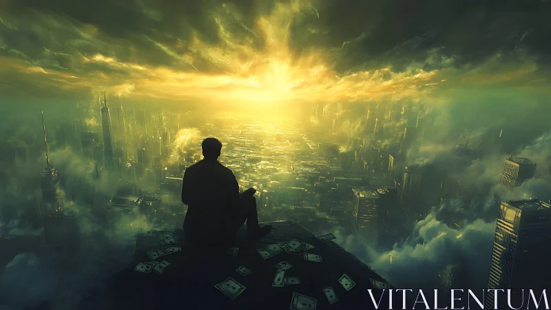 Solitary dreamer above a sinking city of fog and money.