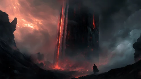 Obsidian monolith amid volcanic wasteland with lone wanderer