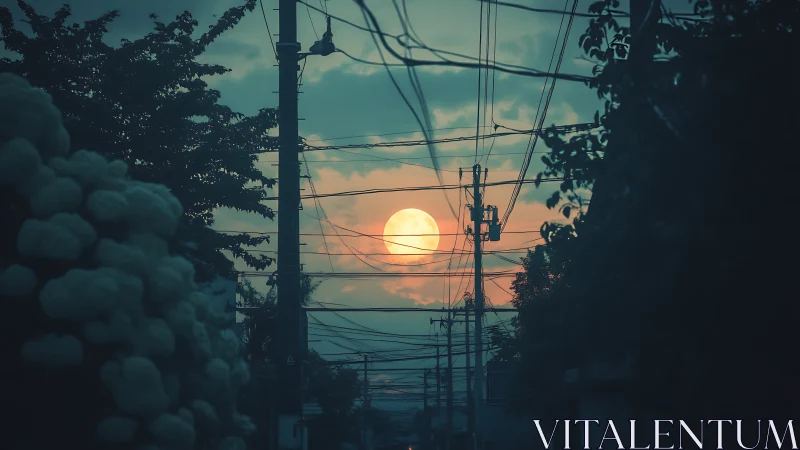 Telephoto dusk moon framed by dense overhead utility cables
