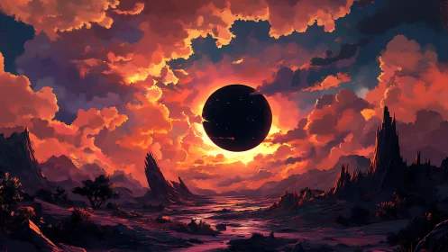 Solar eclipse ignites alien canyon skies in molten firelight.