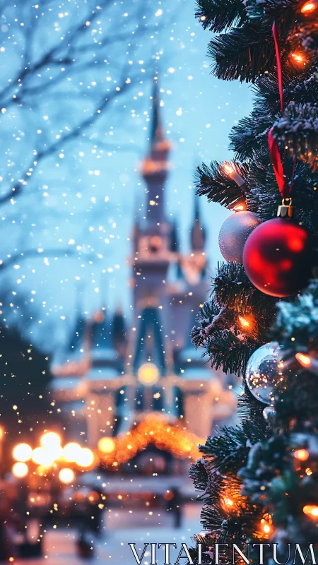 Snowy ornaments trade secrets with a distant glowing castle