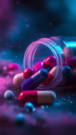 Spilled capsules under neon bokeh lighting reveal glossy polymer shells