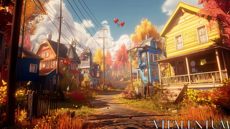 Autumn suburb street glows under warm cinematic sunlight.