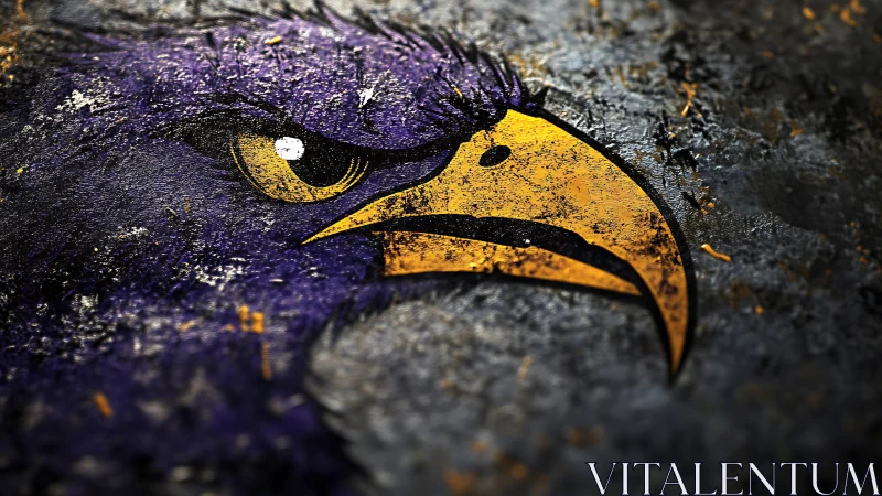 Textured illustration of stylized bird head on rough surface.