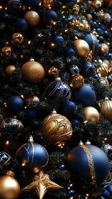 Photorealistic navy and gold Christmas ornament cluster composition.