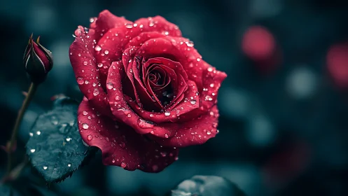 Crimson Rose with Dewdrops in Teal Light.
