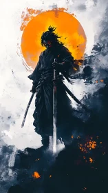 Dark samurai warrior stands against a blazing orange sun
