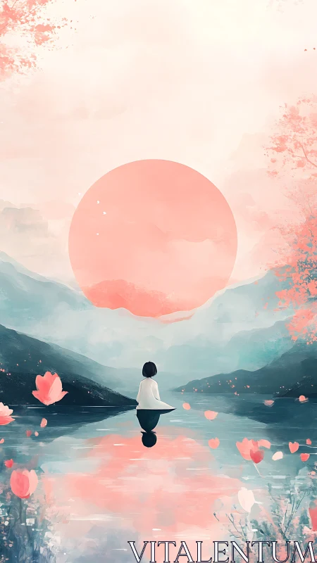 Solitary figure before oversized pastel sun in mirrored lakescape