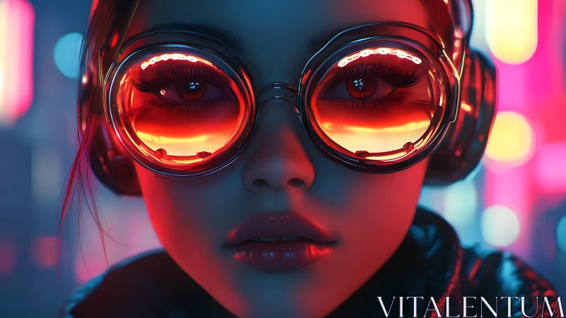 Neon-drenched goggles hold a city of reflections and secrets