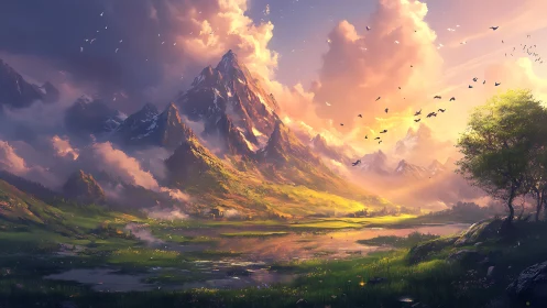 Sunlit mountain valley where clouds, rivers and birds converse.